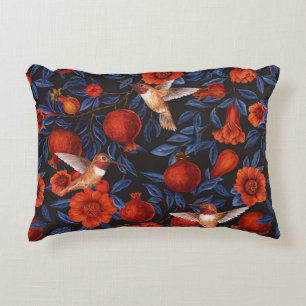 Pomegranates and hummingbirds/blue leaves on black decorative cushion