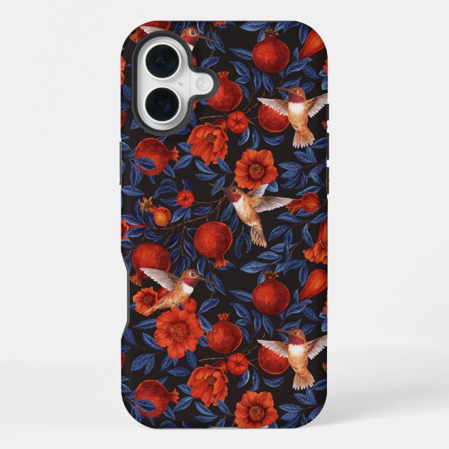 Pomegranates and hummingbirds/blue leaves on black iPhone case (Back)