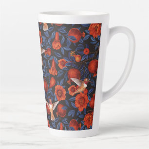 Pomegranates and hummingbirds/blue leaves on black latte mug