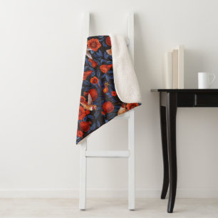 Pomegranates and hummingbirds/blue leaves on black sherpa blanket