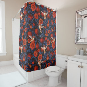 Pomegranates and hummingbirds/blue leaves on black shower curtain