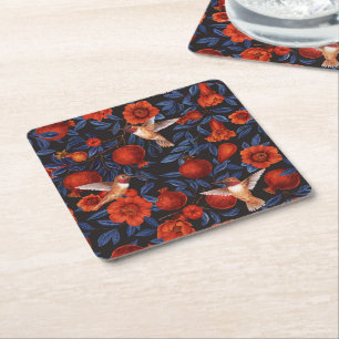 Pomegranates and hummingbirds/blue leaves on black square paper coaster