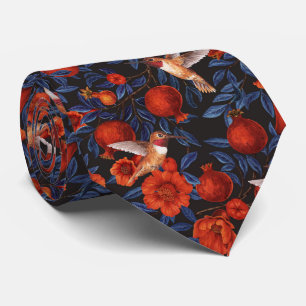 Pomegranates and hummingbirds/blue leaves on black tie