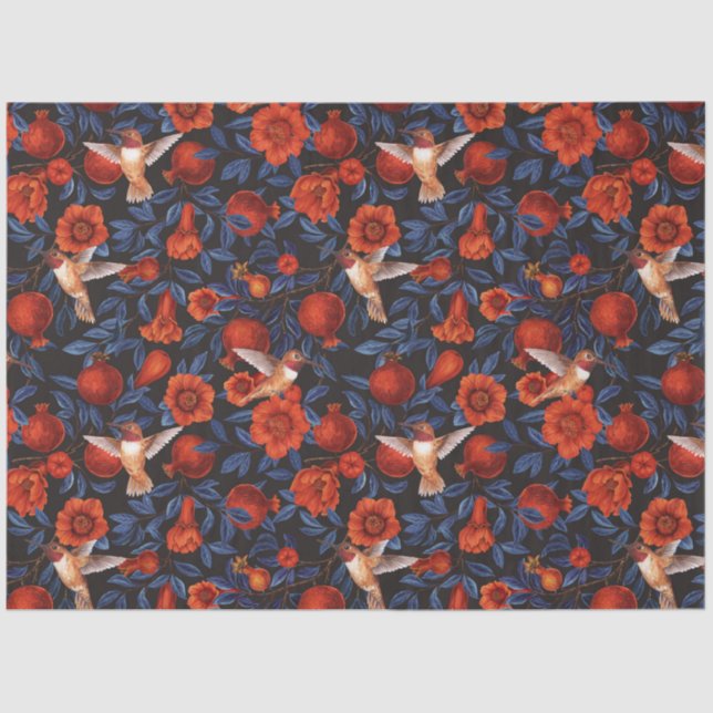 Pomegranates and hummingbirds/blue leaves on black tissue paper (Front)