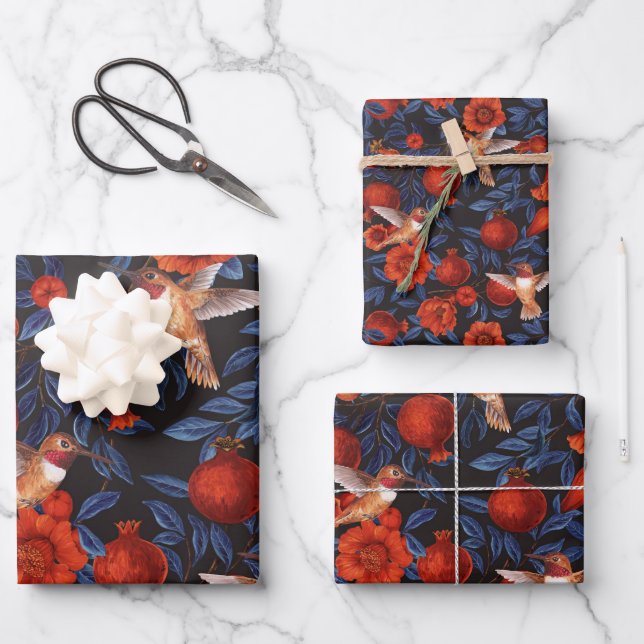Pomegranates and hummingbirds/blue leaves on black wrapping paper sheet (Front)