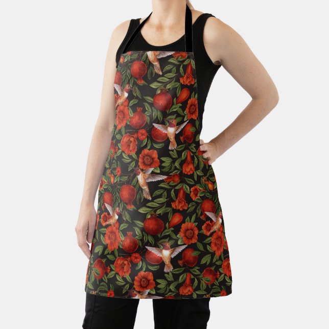 Pomegranates and hummingbirds/green leaves on blac apron (Insitu)