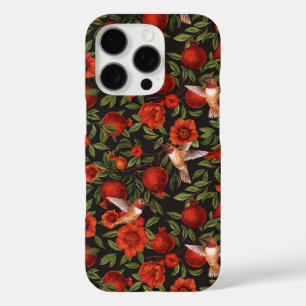 Pomegranates and hummingbirds/green leaves on blac iPhone 16 pro case