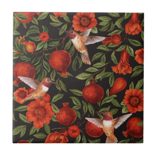 Pomegranates and hummingbirds/green leaves on blac ceramic tile