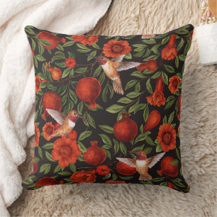 Pomegranates and hummingbirds/green leaves on blac cushion