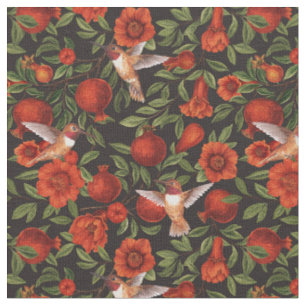 Pomegranates and hummingbirds/green leaves on blac fabric