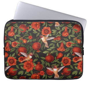Pomegranates and hummingbirds/green leaves on blac laptop sleeve