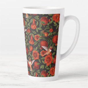 Pomegranates and hummingbirds/green leaves on blac latte mug