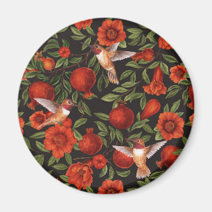 Pomegranates and hummingbirds/green leaves on blac magnet