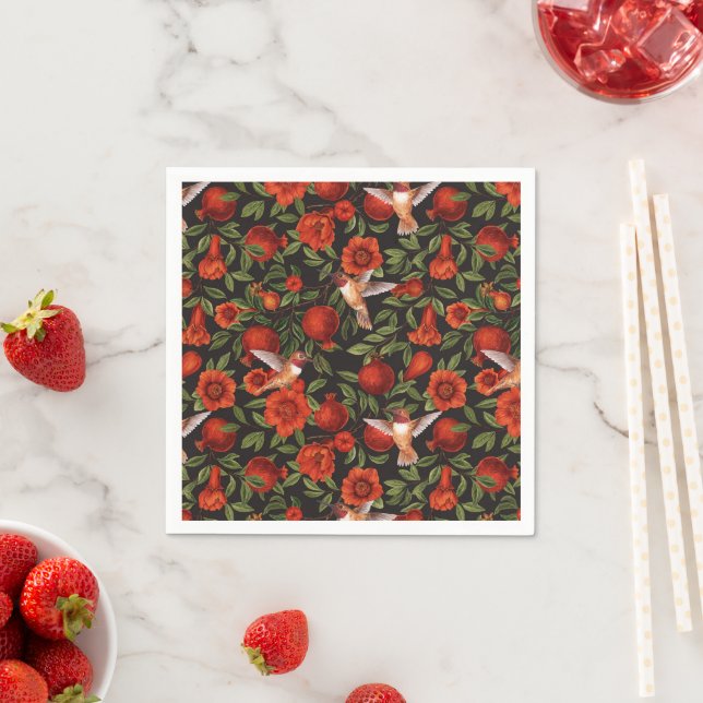 Pomegranates and hummingbirds/green leaves on blac napkin (Insitu)