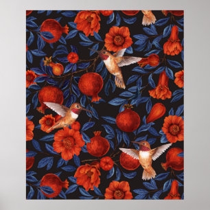 Pomegranates and hummingbirds/green leaves on blac poster