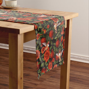 Pomegranates and hummingbirds/green leaves on blac short table runner