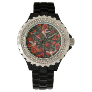 Pomegranates and hummingbirds/green leaves on blac watch