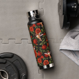 Pomegranates and hummingbirds/green leaves on blac water bottle
