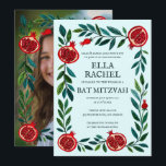 Pomegranates B'nai Bat Bar Mitzvah Custom Photo  Invitation<br><div class="desc">Perfect card to announce a bar mitzvah, bat mitzvah or other Jewish celebration! Hand made art for you! FULLY CUSTOMIZABLE! Click on “Personalise” above to edit the text and add your photo to the back side. Click "edit using design tool" to adjust the fonts, colours and placements and to delete...</div>