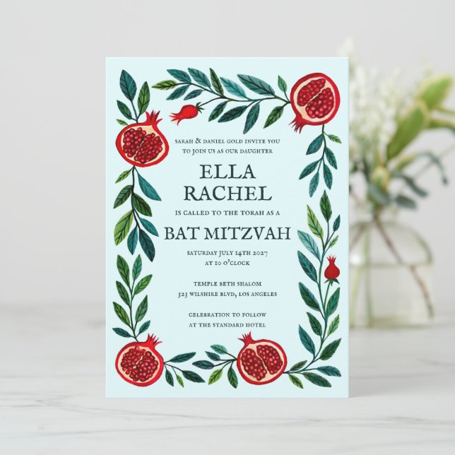 Pomegranates Custom B'nai Bat Bar Mitzvah QR Code Invitation (Standing Front)