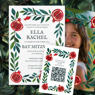 Pomegranates Custom QR Bat Bar Mitzvah Watercolor Enclosure Card