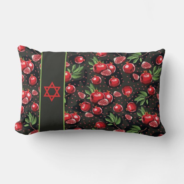 Pomegranates on Black Jewish Rosh Hashanah Star Lu Lumbar Cushion (Front)