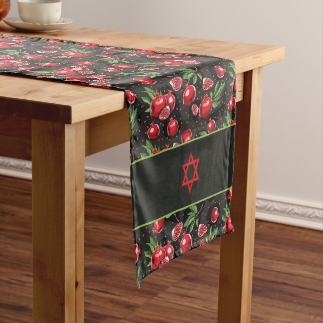 Pomegranates on Black Jewish Rosh Hashanah Star Short Table Runner (In Situ)