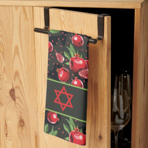 Pomegranates on Black Jewish Rosh Hashanah Star Tea Towel