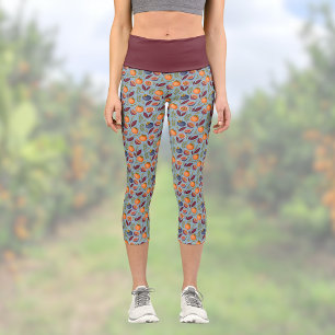 Pomegranates Oranges and Ferns Vintage Dusty Blue Capri Leggings