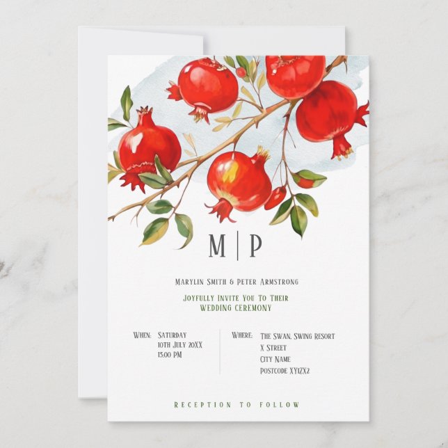 Pomegranates watercolor theme Bright colors Invitation (Front)