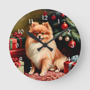 Pomerainian Christmas Round Clock