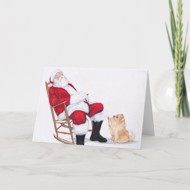 Pomeranian and Santa Dog Art Greeting Card (Front)