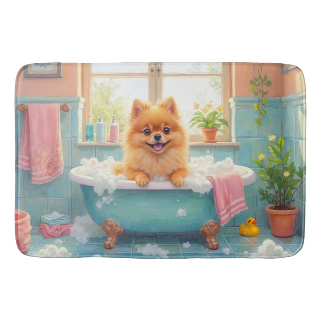 Pomeranian Bath Time Fluffy Bathroom Decor Mat (Front)