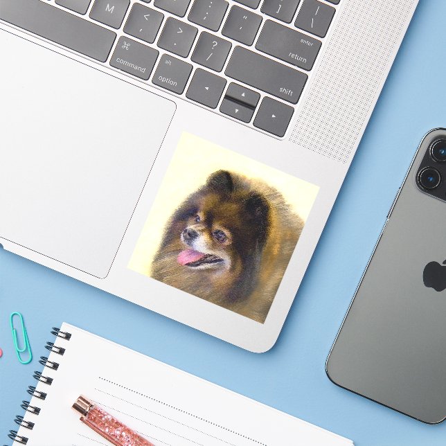 Pomeranian Black and Tan Painting Original Dog Art (Laptop w/ iPhone)