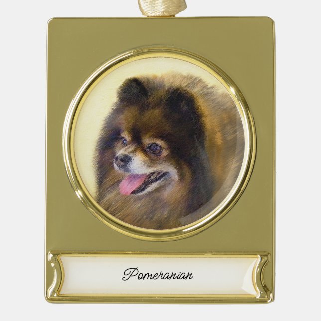 Pomeranian Black and Tan Painting Original Dog Art Gold Plated Banner Ornament (Front)