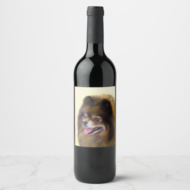 Pomeranian Black and Tan Painting Original Dog Art Wine Label (Front)