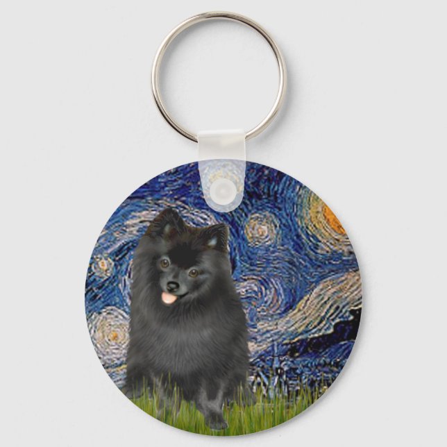 Pomeranian (black) - Starry Night Key Ring (Front)