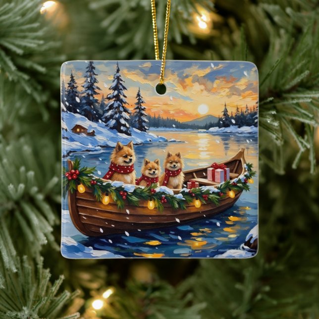 Pomeranian Christmas Boat Holiday Ceramic Ornament (Tree)