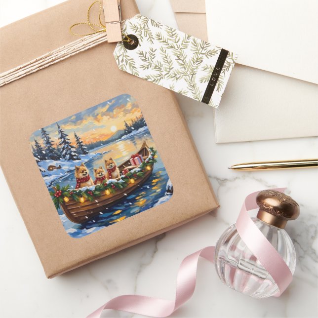 Pomeranian Christmas Boat Holiday Square Sticker (Gifting)