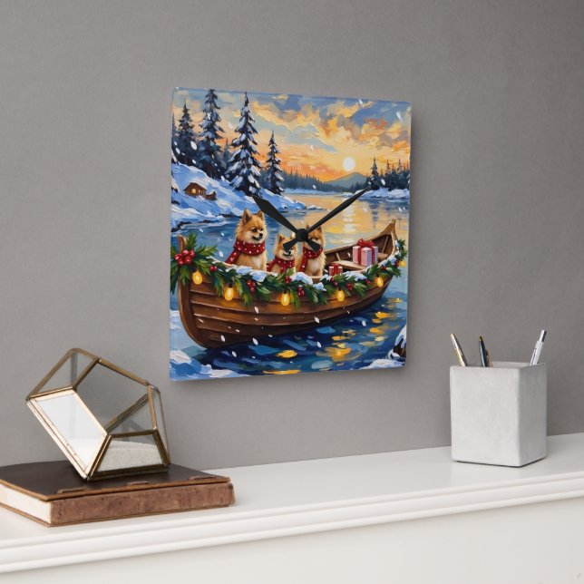Pomeranian Christmas Boat Holiday Square Wall Clock (Office)