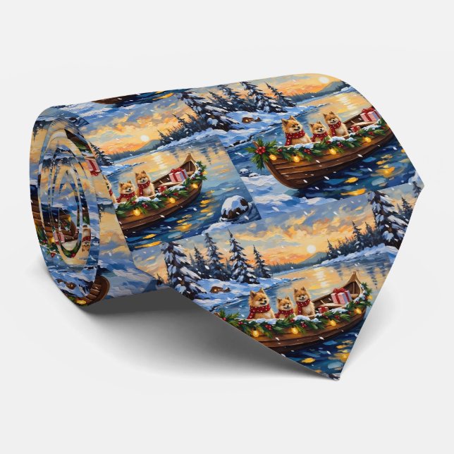 Pomeranian Christmas Boat Holiday Tie (Rolled)