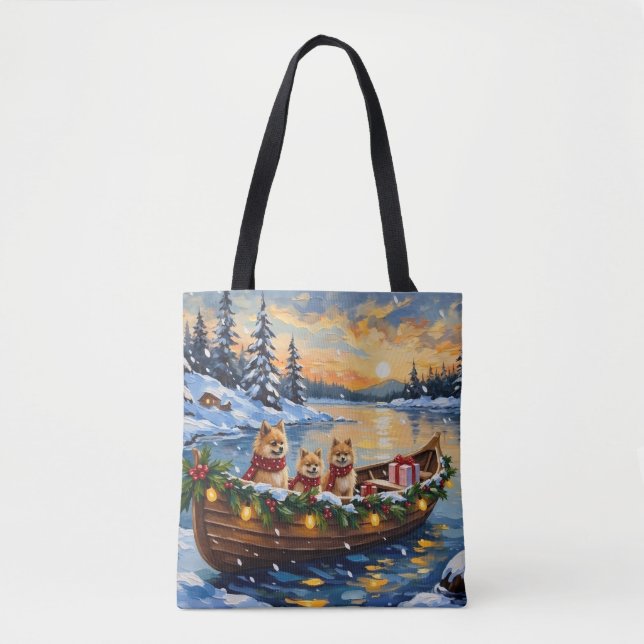 Pomeranian Christmas Boat Holiday Tote Bag (Front)