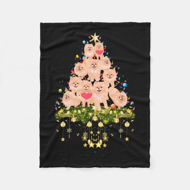 Pomeranian Christmas Dog Tree Lights Holiday Pomer Fleece Blanket (Front)