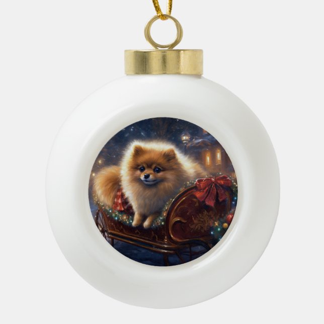 Pomeranian Christmas Festive Season Brushed  Ceramic Ball Christmas Ornament (Front)
