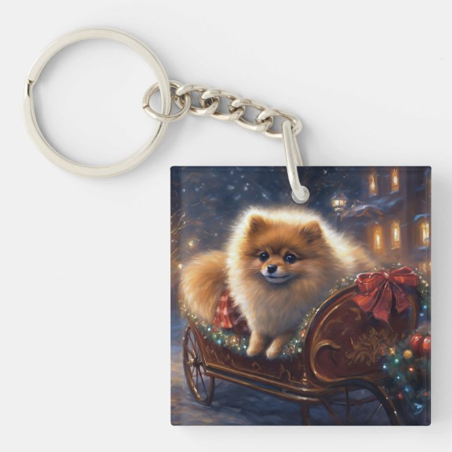 Pomeranian Christmas Festive Season Brushed  Key Ring (Front)