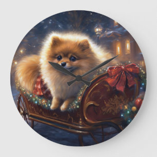Pomeranian Christmas Festive Season Brushed Large Clock