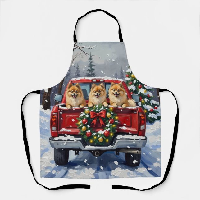 Pomeranian Christmas Red Truck Holiday Gift Apron (Front)