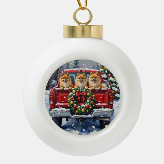 Pomeranian Christmas Red Truck Holiday Gift Ceramic Ball Christmas Ornament (Front)