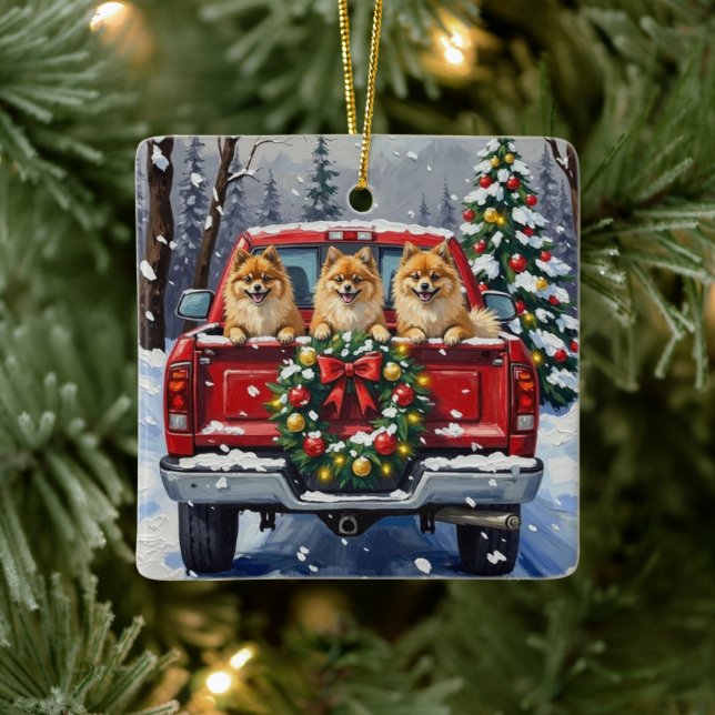 Pomeranian Christmas Red Truck Holiday Gift Ceramic Ornament (Tree)
