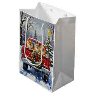 Pomeranian Christmas Red Truck Holiday Gift Medium Gift Bag